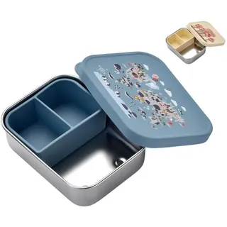 Jenard Edelstahl Brotdose für Kinder – kompakte Brotdose/leichte Snackbox mit Silikon Deckel & Trennfach. Ideal für Kindergarten & unterwegs. Auslaufsicher & BPA-frei, Blau/Weltkarte mit Tiere