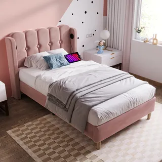 okwish Classic Polsterbett 90 x 200 cm, Einzelbett mit USB Typ C Aufladung, Lattenrost, Jugendbett, Samt, Rosa (mit Matratze) - Rosa