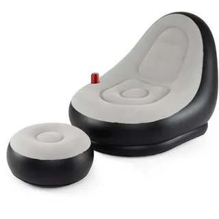 FANTASK Aufblasbarer Sofa mit Fußhocker, Loungesessel mit Velours-Oberfläche & Getränkehalter, Luftsessel, Luftsofa tragbar für drinnen & draußen