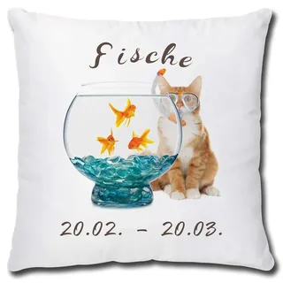 TRIOSK Kissen mit Katze Katzenmotiv Sternzeichen Fische Spruch lustig Katzen Geschenk für Katzenliebhaber Frauen Freundin Dekokissen 40x40