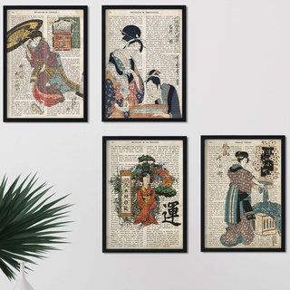 Nacnic set von 4 alte japan posters | poster mit japanischen motiven im vintage stil und hintergrund wörterbuchtexten in spanisch | japanische kunst.