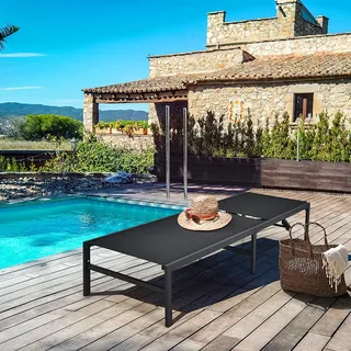 COSTWAY Sonnenliege 150kg belastbar Liegestuhl mit 6-stufig verstellbarer Rückenlehne Gartenliege für Poolbereich Strand & Terrasse Schwarz - Schwarz