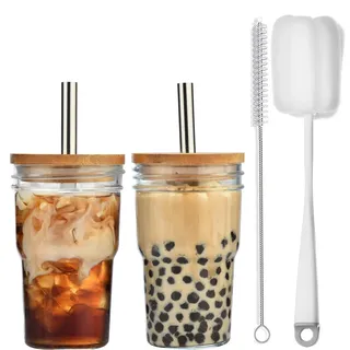 ALINK 2 Stück Bubble Tea Becher mit Strohhalm, 475ml Boba Tea Glas, Smoothie-Becher mit Deckel, Weithals Iced Coffee Glas für Milchshakes, Säfte, Smoothies, Biere