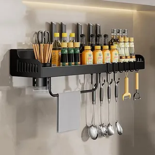 Hängendes Kräuterregal ohne Bohren - Küchenregal Organizer für Gewürze mit Messerhalter - Grau 40 cm