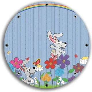 Wallario rundes Outdoor-Poster für Garten oder Balkon, Motiv Süße Hasen unter einem Regenbogen, 30 cm Durchmesser - Blau