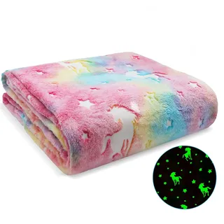 Ranedo Kuscheldecke Kinder 150cmx190 cm, Leuchtet im Dunkeln Einhorn Flanell Fleece Decke, Urlaub Geburtstagsgeschenke für Mädchen, Rosa