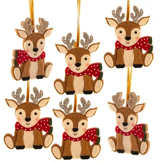 Rentier Weihnachtsanhänger Filz 6 Stück – Bambi Deko mit Glitzer-Geweih & rotem Schal – Christbaumschmuck für Kinder & Erwachsene