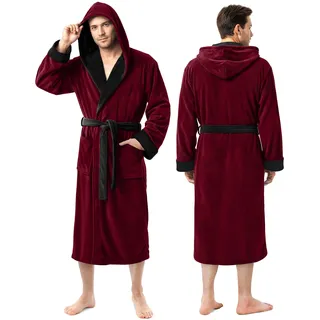 NY Threads Mens Hooded Robe - Plush Long Bathrobes for Men (Burgundy with Black Contrast, Large/X-Large)