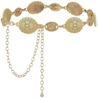 Damen Metall Kettengürtel Mode Verstellbare Metall Concho Taillenkette Hüftkette Western Cowgirl Kleidergürtel Goldfarbene Taille Gürtel Frauen Gold Silber Boho Kette Gürtel für Kleider (Gold 130)
