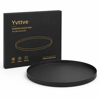 Yvttve Rundes Tablett Schwarz aus Metall mit 3 Anti Rutsch | Serviertablett Rund Dekoteller Dekotablett Matt (Ø 32 cm, Schwarz)