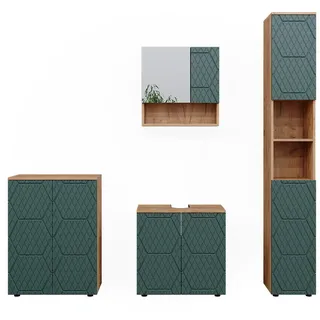 Vicco Badmöbel-Set Irma Eiche Grün 4-teilig Hochschrank Kommode