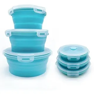 Unyqoos® Faltbare Silikon-Schüsseln 3er-Set mit Deckeln, 350/500/800 ml, lebensmittelecht, auslaufsicher & luftdicht, hitzebeständig bis 240°C, für Camping & Picknick - Blau