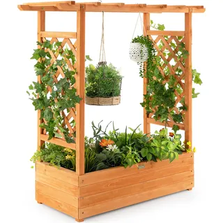 COSTWAY Hochbeet mit Rankgitter & hängendem Dach, Pflanzkasten mit Rankhilfe, Blumenkasten für Kletterpflanzen & hängende Körbe, für Garten Hof Terrasse, Pflanzgefäß aus Holz, Orange - Orange