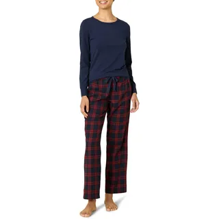 Amazon Essentials Leichte Flanellhose und langärmeliges T-Shirt für Damen (erhältlich in Übergröße), Burgunderrot kariert/Marineblau, XS
