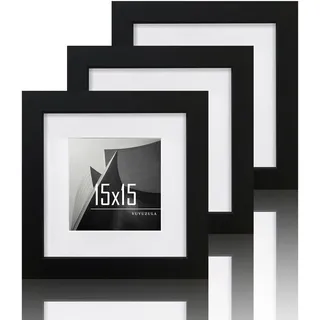 VUVUZULA Bilderrahmen 15x15cm Schwarz Quadratisch Holz Fotorahmen Holzrahmen MDF Rahmen mit Passepartout 10x10cm 3er Set