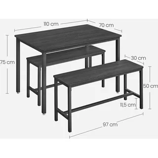 VASAGLE Esstisch, Küchentisch-Set mit 2 Bänken, 3er-Set, 110 x 70 x 75 cm, Aschschwarz-Tintenschwarz - Schwarz