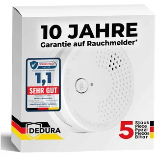 dedura Rauchmelder 5er Set mit 10 Jahre Garantie BSI Zertifiziert nach DIN EN14604 inkl. 9V Batterie Rauchwarnmelder Brandmelder Feuermelder
