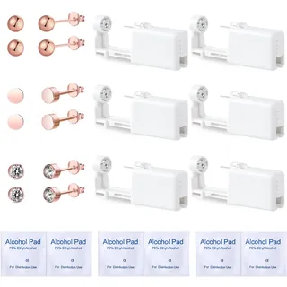 Voarge 6 Stück Ohrlochstechpistole, Einweg-Steril-Sicherheits-Ohrnasen-Piercing-Pistolen-Kit Schmerzfreies Selbst-Piercing-Werkzeug mit Ohrstecker-Asepsis-Pierce-Kit, Drei Formen, Roségold