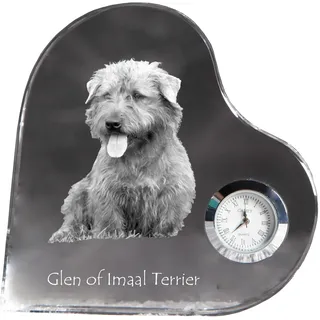 Glen of Imaal Terrier, Irischer Glen of Imaal Terrier - Kristalluhr mit einem Hundebild, Herzregal-Uhr, personalisierte Standuhr der Marke Art-Dog - Transparent
