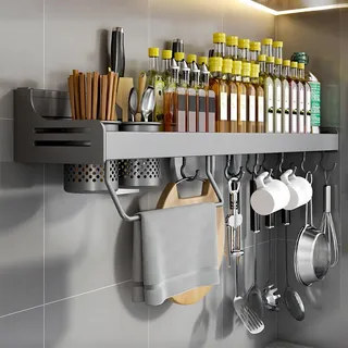 Hovoto Gewürzregal, Gewürzregal Hängend, GewürzregaleKüchenregal wand ohne Bohren, Gewürz Organizer mit Messerschlitz, Haken, Becher, Küchenregal Wand für Gewürze, grau, 80cm