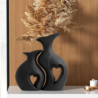 2er Set Herzförmige Keramikvasen Schwarz & Weiß, Moderne Boho Blumenvasen, Hohle Vasen für Deko, Dekorative Vasen für Wohnzimmer, Regal, Kamin & Tisch