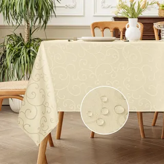 Romanstile beige Tischdecke Outdoor Wetterfest abwaschbar 140x240 cm Blumen rechteckig Jacquard Damast Tischdecken Tischtuch Tischwäsche Gartentischdecke für Ostern,Frühling,Geburtstag,Party,Draußen