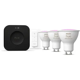 Philips Hue Starter Kit, Bridge Pro, 3 GU10 Spots 400 Lumen, Dimmer Switch, Farbige Ambientebeleuchtung