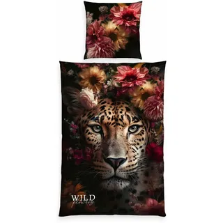 Herding Wild Flowers Leopard Bettwäsche, Kissenbezug ca. 80x80 cm, Bettbezug ca. 135x200 cm, mit Reißverschluss, 100% Baumwolle