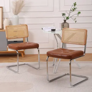 MODFU Esszimmerstühle-set Küchenstuhl mit 2-Rattan Stühle,Polstersessel mit armloser Mesh-Rückenlehne,Loungesessel Bürostuhl mit Komfortkissen,Braun - Braun