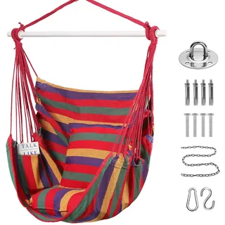 Goutime Schaukel Stuhl Große Hängematte Stuhl Weiche Baumwolle mit 2 Sitzkissen Kissen mit Tragetasche für Innen-/Außen-/Schlafzimmer Patio Garten Balkon,Maximale Tragfähigkeit 150KG(Rot)