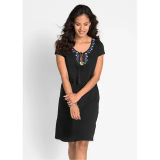 bonprix Jerseykleid mit Stickerei am Ausschnitt und Kurzarm, schwarz