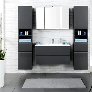Lomadox Badmöbel Set COMO-03, 4-teilig, 2 Hochschränke, Hochglanz grau, 100cm Waschtisch