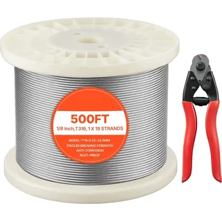 Edelstahldrahtseil 316 - Stahlseil 1x19 - Durchmesser 3,2 mm - Länge 152,4 m - Bruchlast 798 kg - Rostfrei & Korrosionsbeständig - Für Geländer & Spaliere - Inkl. Drahtschneider