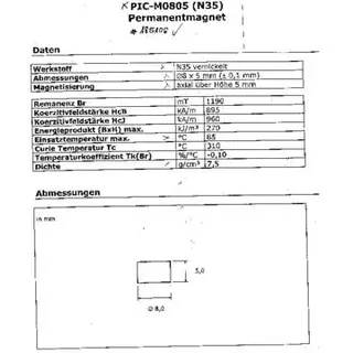 Conrad PIC-M0805 Permanent-Magnet Rund (Ø x L) 8 mm x 5 mm N35 1.19 T (max) Grenztemperatur (max.): 80 °C