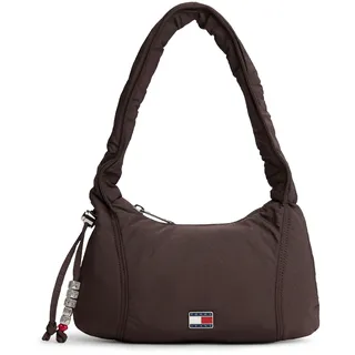 Schultertasche TOMMY JEANS "TJW CASUAL SHOULDER BAG", Damen, Gr. B/H/T: 27cm x 16cm x 8cm, dunkelbraun, Textil, Taschen Schultertasche, Damen Tragetasche, Minibag, mit Zierperlen und Schmuckelementen