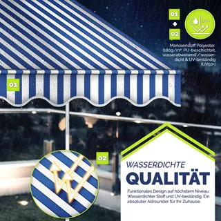 tillvex Balkonmarkise 250 cm Blau/Weiß Gelenkarm Markise Klemmmarkise Sonnenmarkise Balkon ohne Bohren - Blau, Weiß