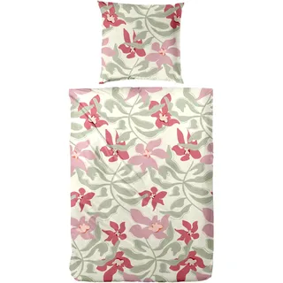 Primera Biber Bettwäsche Blume 135 x 200 cm grün/rot