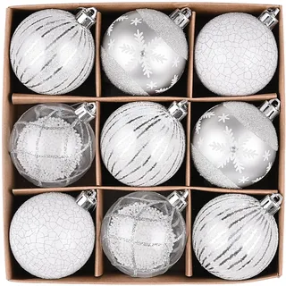 Victor's Workshop Weihnachtskugeln,9 stück 6cm Christbaumkugeln Weihnachtskugel Transparent, Weihnachtsbaumschmuck Christbaumschmuck mit Aufhänger,deko Weihnachten,Thema Silber Weiß