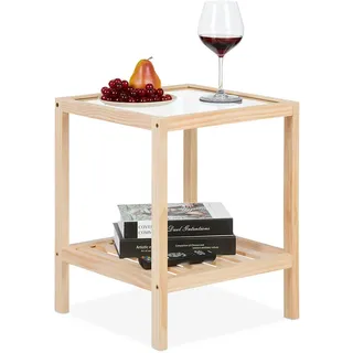 Relaxdays Beistelltisch , Hellbraun , Holz, Glas , Kiefer , Quadratisch,Quadratisch , 40x50x40 cm , Wohnzimmer, Wohnzimmertische, Beistelltische