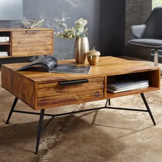 FineBuy Couchtisch NISHAN Massiv Holz Holztisch Wohnzimmertisch Metallbeine - Braun