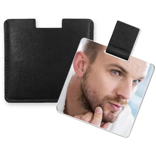 Fixleren Ultra Dünn Taschenspiegel, unzerbrechlicher Edelstahl, mit PU-Ledertasche, leicht zu tragen, leicht und geeignet für Make-up, Camping, Reisen (Schwarz)