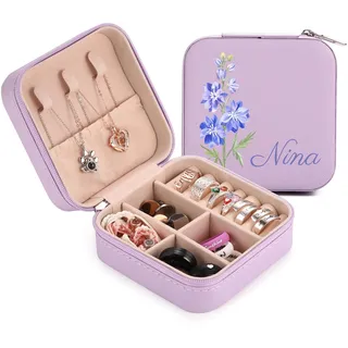 OTXIXTO Personalisiert Leder Schmuck Organisator Feld mit Name Geburtsblume Graviert Reise-Schmuckkoffer Organisator für Halsketten/Ringe/Ohrringe Personalisiert Reiseschmuck Feld für Frauen - B: Lila