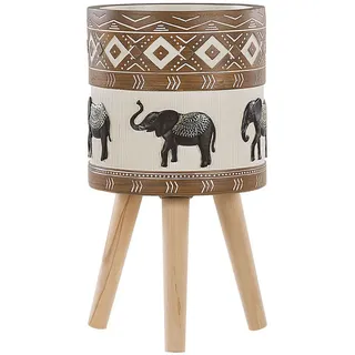 Beliani Pflanzenständer braun/beige Elefantenmotiv mit Holzbeinen 55 cm Achilio , Stein , 55 cm , Dekoration, Blumen & Blumentöpfe, Übertöpfe