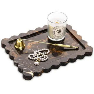 Marmor Tablett Gewelltem Naturstein Marmorplatte Badezimmer Tablett Luxuriöses Organizer Dekotablett für Kerzen, Kosmetisch, Schlüsselring (Schwarzes Gold, 27 x 20 cm)