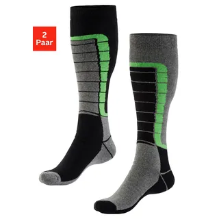 Skistrümpfe H.I.S "Damen Herren gepolsterte Thermosocken Winterstrümpfe", Damen, Gr. 47-48, schwarz (1x schwarz, 1x grau meliert), Baumwollmischung, Colorblocking, gemustert, elastisch, Socken Skistrümpfe, mit weichem Vollfrottee