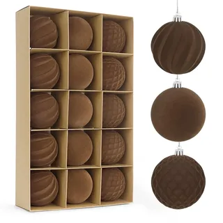 Miaikoe 15 Stück Samt Weihnachtskugeln hängende Ornamente Set, vorgebunden zerstörungsdicht Plastik Flocked Weihnachtskugeln Weihnachtsdekorationen Festival Feiertagsparty Dekor (Braun, 8CM)