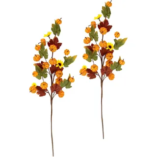 I.GE.A. Künstlicher Herbstzweig mit Sonnenblumen Kürbissen und Herbstlaub 2er Set orange