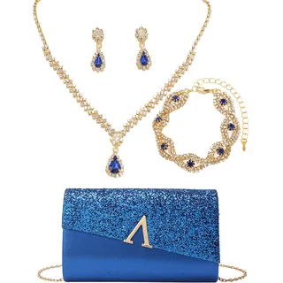 OUAYEMEL Glitzer Abend-Clutch für Damen, Glitzernde Handtasche für Hochzeiten und Bälle, 4-teiliges Strass-Schmuckset Blau