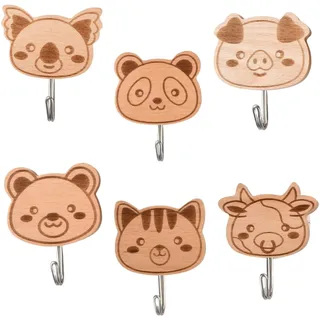 Culinavog Kleiderhaken, 6 Stück Holz-Tier-Wandhaken für Dekor, Selbstklebend Holz Garderobenhaken, Klein Wandhaken Kinder für Küche, Multifunktional Haken für Kinderzimmer, Schlafzimmer, Badezimmer