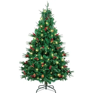 AGM 180cm Weihnachtsbaum mit 15m 300 LEDs Lichterkette, PVC + PE künstlicher Weihnachtsbaum mit Baum 688 Spitzen/53 gemischten Tannennadeln/53 roten Beeren für Weihnachten Festlicher Dekoration